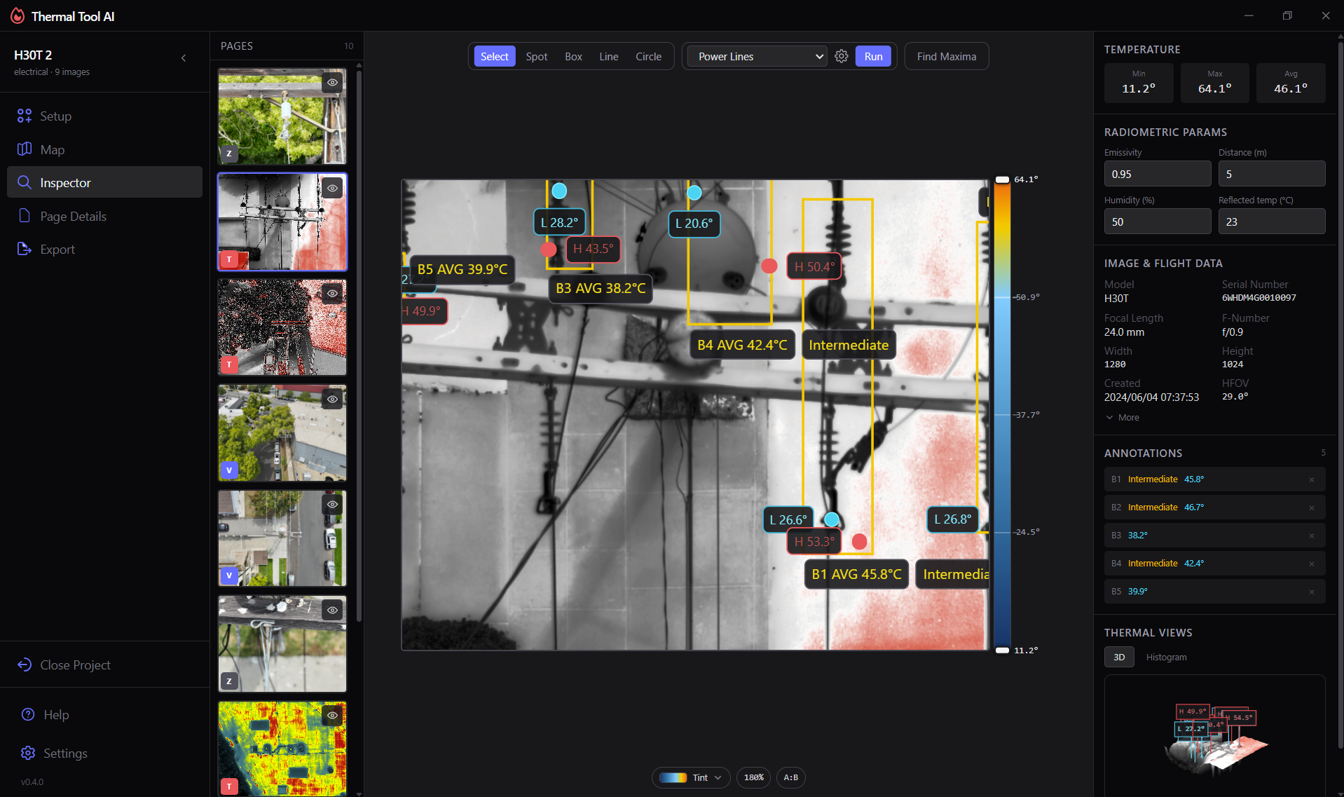 Thermalmapper desktop app showing the thermal Inspector with temperature annotations, radiometric parameters, and flight data